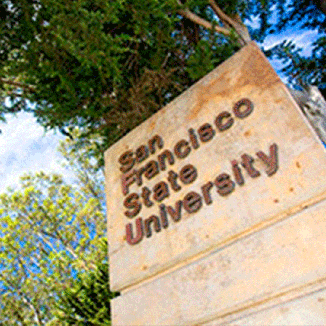 SF State sign and trees