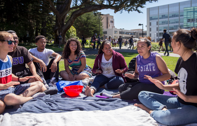 Group of SF State students sit and talk on the campus lawn