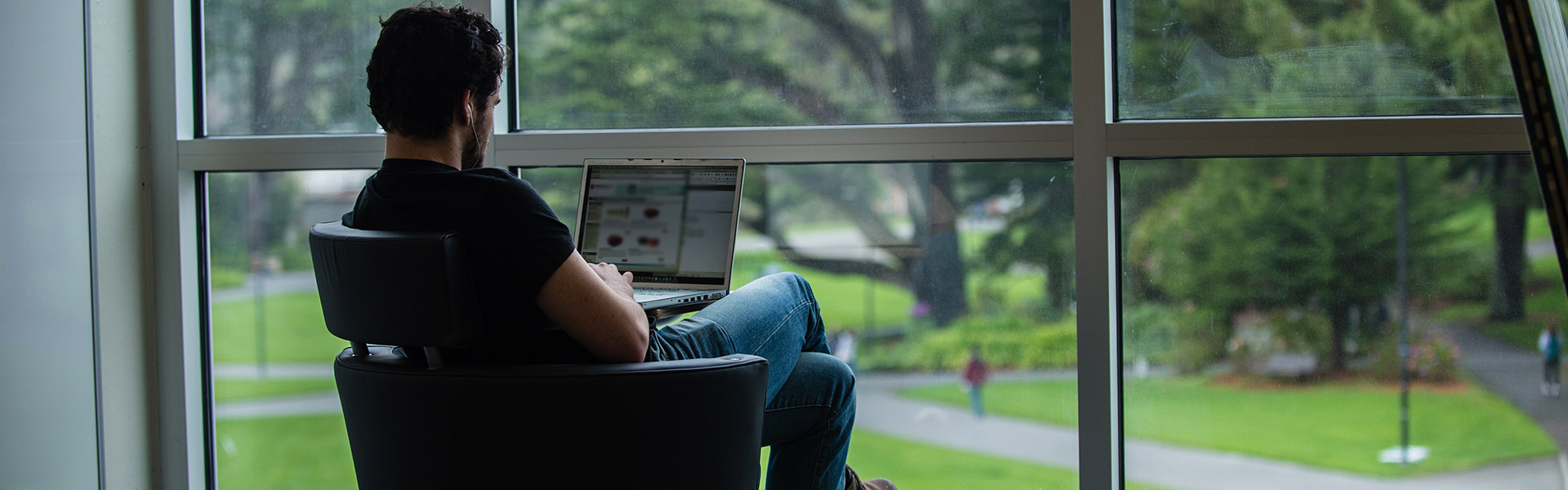 Student takes online course in the library window