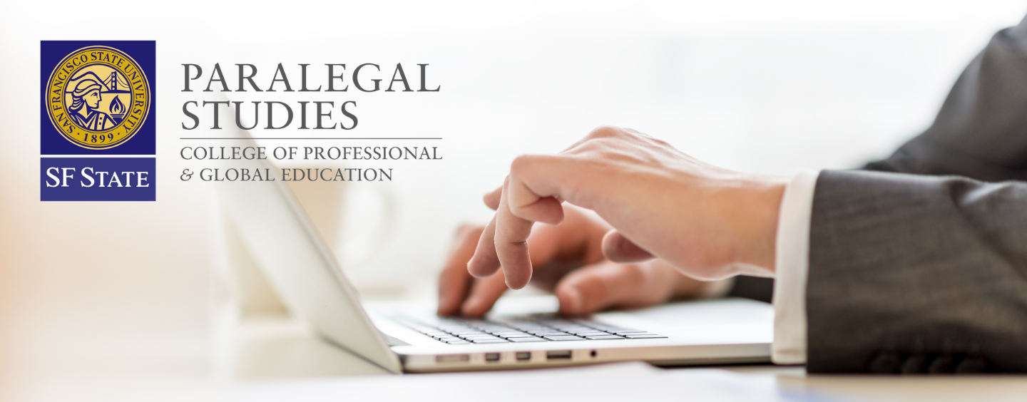 Hands on a laptop, Paralegal Studies logo